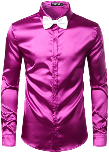 Men's Luxury Magenta Silk Long Sleeve Satin Button Up Shirt