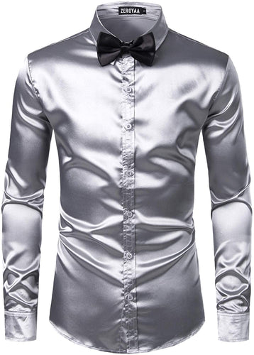 Men's Luxury Silver Silk Long Sleeve Satin Button Up Shirt