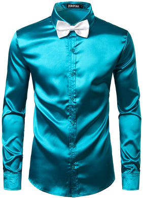 Men's Luxury Teal Silk Long Sleeve Satin Button Up Shirt