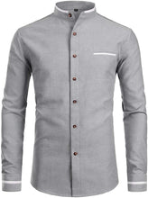 Load image into Gallery viewer, Mandarin Collar Slim Fit Button Down Black Long Sleeve Shirt with Pocket