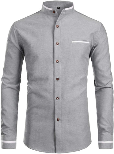 Mandarin Collar Slim Fit Button Down Grey Long Sleeve Shirt with Pocket