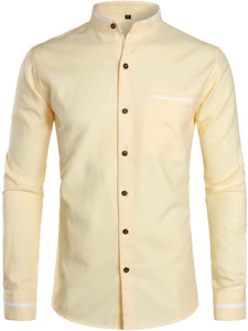 Mandarin Collar Slim Fit Button Down Grey Long Sleeve Shirt with Pocket
