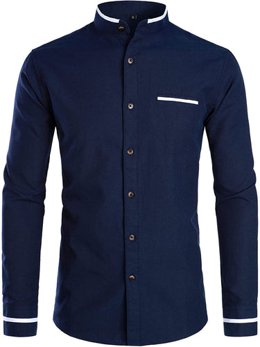 Mandarin Collar Slim Fit Button Down Black Long Sleeve Shirt with Pocket