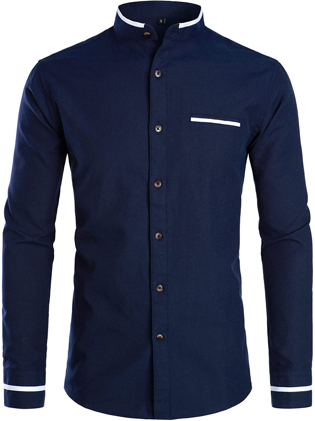Mandarin Collar Slim Fit Button Down Black Long Sleeve Shirt with Pocket