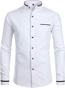 Mandarin Collar Slim Fit Button Down Grey Long Sleeve Shirt with Pocket