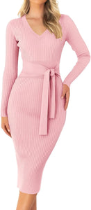 Winter Fuchsia Pink Long Sleeve Belted Midi Sweater Dress