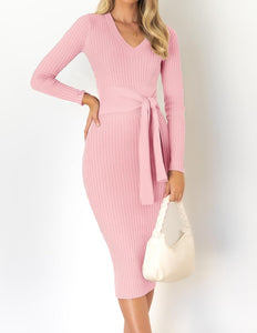 Winter Fuchsia Pink Long Sleeve Belted Midi Sweater Dress
