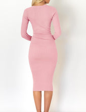 Load image into Gallery viewer, Winter Pink Long Sleeve Belted Midi Sweater Dress