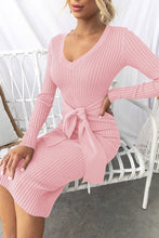 Load image into Gallery viewer, Winter Fuchsia Pink Long Sleeve Belted Midi Sweater Dress