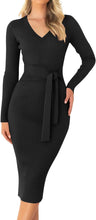 Load image into Gallery viewer, Winter Black Long Sleeve Belted Midi Sweater Dress