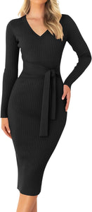 Winter Black Long Sleeve Belted Midi Sweater Dress