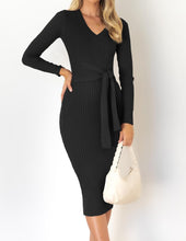 Load image into Gallery viewer, Winter Black Long Sleeve Belted Midi Sweater Dress