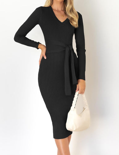 Winter Black Long Sleeve Belted Midi Sweater Dress