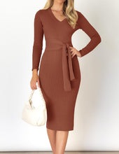 Load image into Gallery viewer, Winter Brown Long Sleeve Belted Midi Sweater Dress