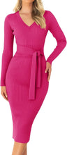 Load image into Gallery viewer, Winter Fuchsia Pink Long Sleeve Belted Midi Sweater Dress