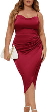 Load image into Gallery viewer, Plus Size Purple Floral Cocktail Draped Satin Sleeveless Midi Dress