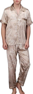 Men's Brown Paisley Silk Short Sleeve Top & Pants Set