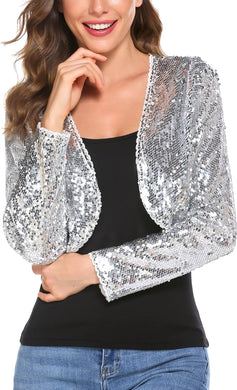 Glitter Sparkle Silver Long Sleeve Sequin Blazer Crop Jacket