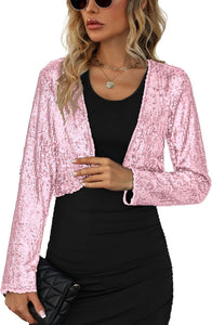 Glitter Sparkle Pink Long Sleeve Sequin Blazer Crop Jacket