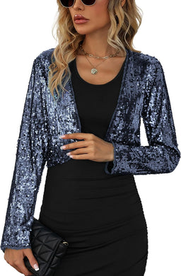 Glitter Sparkle Navy Blue Long Sleeve Sequin Blazer Crop Jacket