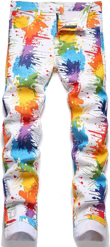 Men's Denim Paint Splatter Colorful Distressed Jeans