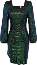 Load image into Gallery viewer, Gold Cocktail Party Sequin Long Sleeve Ruffle Dress