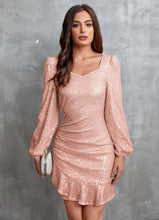 Load image into Gallery viewer, Gold Cocktail Party Sequin Long Sleeve Ruffle Dress