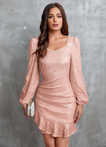 Black Cocktail Party Sequin Long Sleeve Ruffle Dress