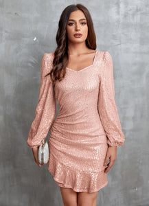 Gold Cocktail Party Sequin Long Sleeve Ruffle Dress