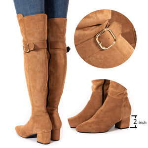 Zipper Up Brown Thigh High Suede Over The Knee Stretch Boot