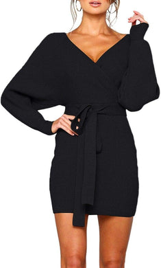 Black Deep V Kimono Sleeve Knit Sweater Dress