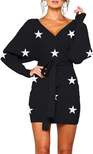 Black Deep V Kimono Sleeve Knit Sweater Dress