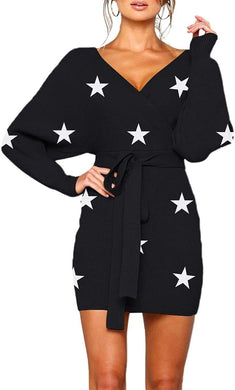 Black Stars Deep V Kimono Sleeve Knit Sweater Dress