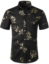 Load image into Gallery viewer, Black Gold Men&#39;s Floral Short Sleeve Button Down Shirt
