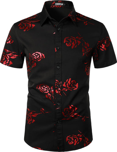 Men's Black Red Floral Short Sleeve Button Down Shirt