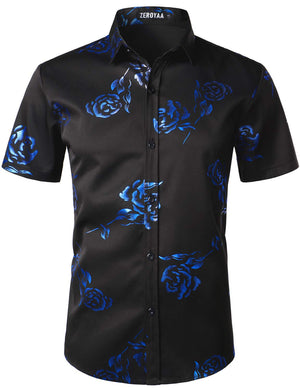 Men's Black Floral Short Sleeve Button Down Shirt
