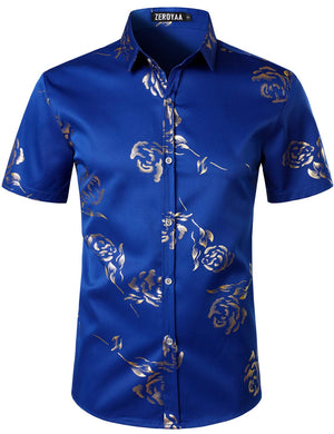 Men's Blue Floral Short Sleeve Button Down Shirt