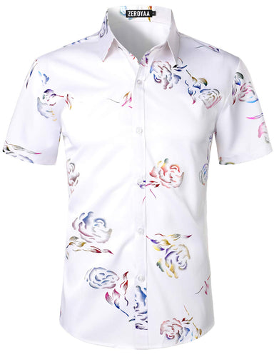 Men's White Floral Short Sleeve Button Down Shirt