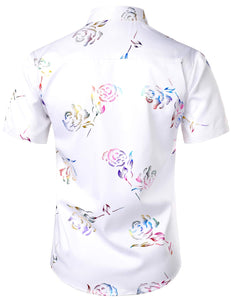 Men's White Floral Short Sleeve Button Down Shirt