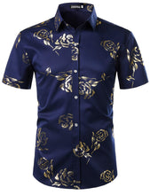 Load image into Gallery viewer, Navy Gold Men&#39;s Floral Short Sleeve Button Down Shirt