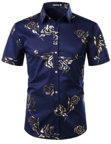 Navy Gold Men's Floral Short Sleeve Button Down Shirt