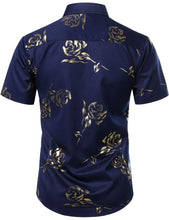 Load image into Gallery viewer, Navy Gold Men&#39;s Floral Short Sleeve Button Down Shirt