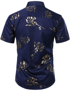 Navy Gold Men's Floral Short Sleeve Button Down Shirt