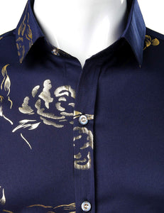 Navy Gold Men's Floral Short Sleeve Button Down Shirt