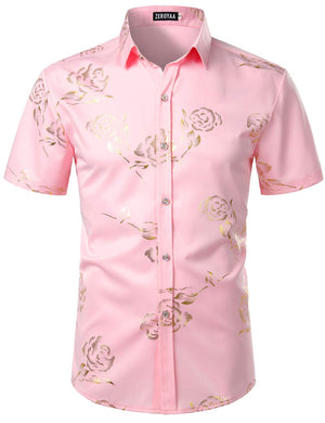 Men's Pink Floral Short Sleeve Button Down Shirt