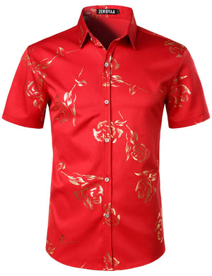 Men's Red Floral Short Sleeve Button Down Shirt