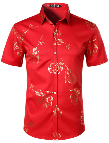 Men's Red Floral Short Sleeve Button Down Shirt