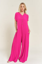 Load image into Gallery viewer, Loose Fit Fuschia Pink Textured Short Sleeve Jumpsuit