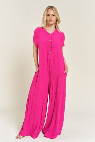 Loose Fit Fuschia Pink Textured Short Sleeve Jumpsuit