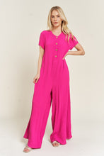 Load image into Gallery viewer, Loose Fit Fuschia Pink Textured Short Sleeve Jumpsuit